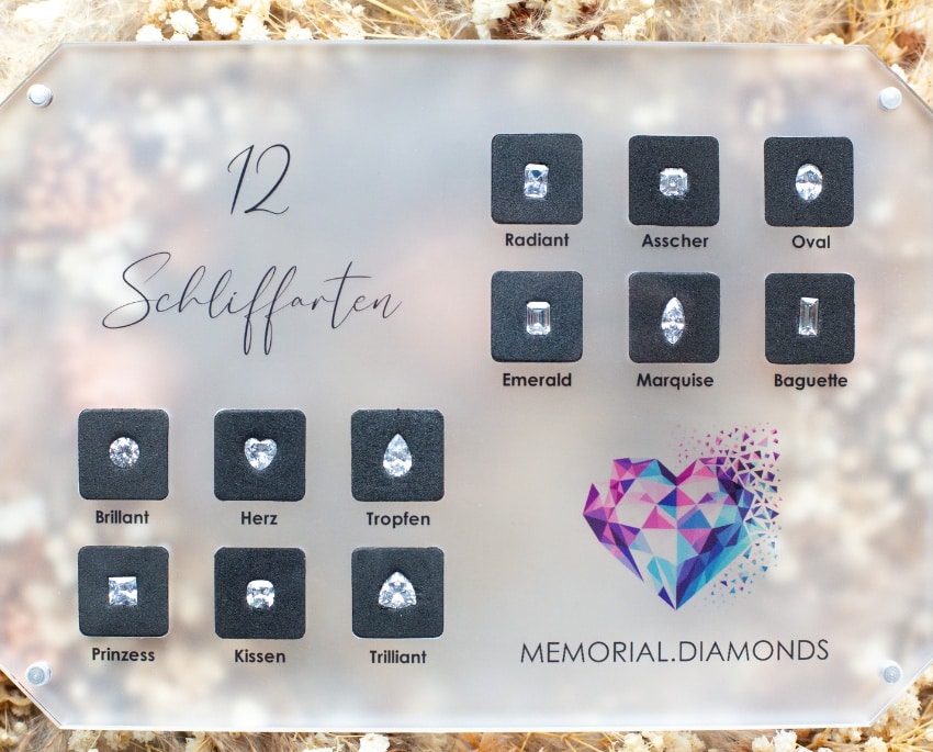 Übersicht verschiedener Schliffarten von Erinnerungsdiamanten als bleibendes Zeichen der Liebe und Erinnerung